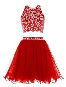 Beauteous Chiffon Scoop Sleeveless Clasp Handle Beading Dress for Prom in Red