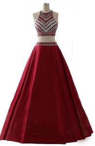 Attractive Scoop Sleeveless Floor Length Beading Zipper Prom Evening Gown with Wine Red
