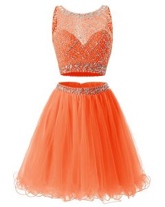 Scoop Beading and Belt Prom Gown Orange Backless Sleeveless Mini Length