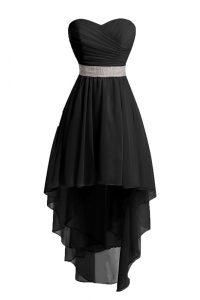 Black Empire Belt Prom Evening Gown Lace Up Organza Sleeveless High Low