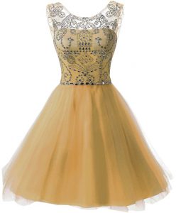 Nice Scoop Sleeveless Chiffon Knee Length Zipper Homecoming Dress in Gold with Beading