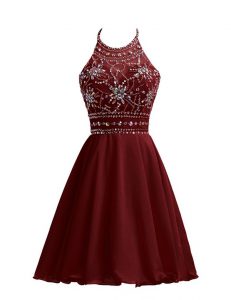 Halter Top Burgundy A-line Beading Dress for Prom Zipper Chiffon Sleeveless Knee Length