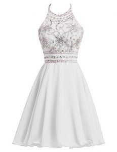 Amazing Chiffon Halter Top Sleeveless Zipper Beading Prom Party Dress in White
