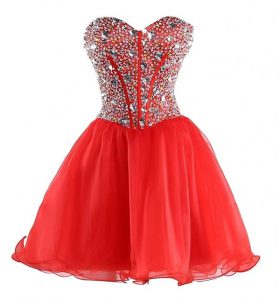 Sleeveless Mini Length Beading Lace Up Homecoming Dress with Coral Red