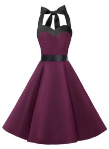 Excellent Halter Top Sleeveless Knee Length Sashes ribbons Zipper Dress for Prom with Dark Purple