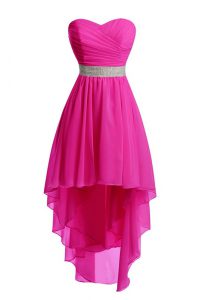 Latest Hot Pink Sweetheart Lace Up Belt Prom Dresses Sleeveless