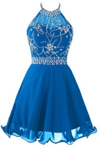 Chic Scoop Sleeveless Organza Mini Length Zipper Prom Party Dress in Blue with Beading and Belt