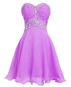 Decent Sleeveless Mini Length Beading and Belt Lace Up Dress for Prom with Lilac