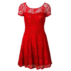 Spectacular Scoop Red Empire Lace Prom Dresses Side Zipper Organza Short Sleeves Tea Length