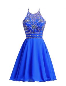 Super Halter Top Beading Prom Party Dress Royal Blue Zipper Sleeveless Knee Length