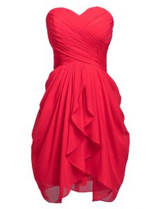Coral Red Sleeveless Knee Length Ruching Lace Up Prom Party Dress