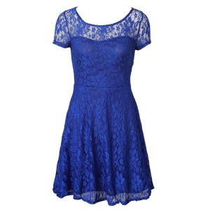 Custom Fit Scoop Blue Organza Side Zipper Prom Gown Short Sleeves Tea Length Lace
