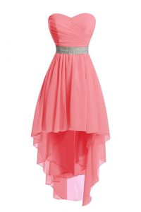 Watermelon Red Sleeveless High Low Belt Lace Up Prom Gown