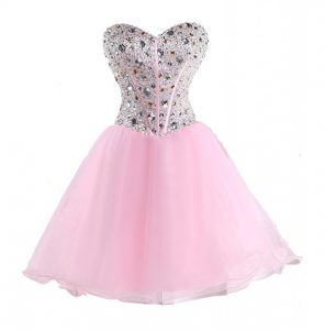 Delicate Pink Homecoming Dress Prom and Party and For with Beading Sweetheart Sleeveless Lace Up