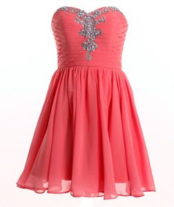 Fitting Sleeveless Chiffon Mini Length Lace Up Prom Party Dress in Watermelon Red with Beading