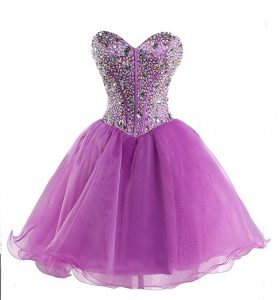 Modern Lilac Organza Lace Up Evening Dress Sleeveless Mini Length Beading