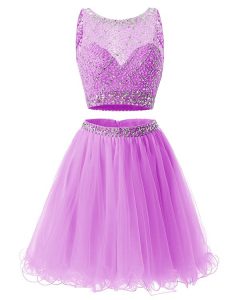 Sleeveless Mini Length Beading and Belt Side Zipper Prom Party Dress with Rose Pink