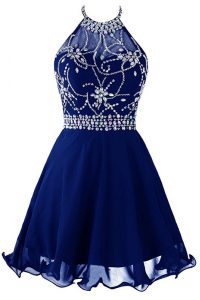 Extravagant Halter Top Royal Blue Sleeveless Organza Zipper Prom Gown for Prom and Party