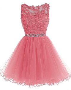Watermelon Red Scoop Neckline Beading and Lace Prom Evening Gown Sleeveless Zipper