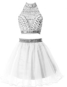 Silver Sleeveless Mini Length Beading Zipper Prom Dresses