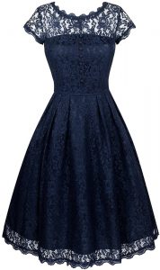 Dramatic Scalloped Navy Blue Short Sleeves Lace Tea Length Evening Dress