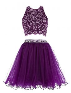 Chiffon Scoop Sleeveless Clasp Handle Beading Prom Gown in Purple