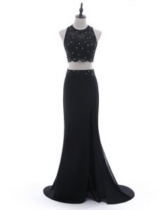 Wonderful Scoop Black Sleeveless Brush Train Beading and Lace With Train Prom Evening Gown