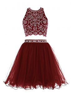 Top Selling Scoop Sleeveless Mini Length Beading Clasp Handle Prom Party Dress with Burgundy