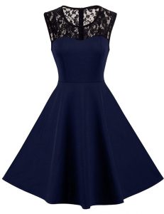 A-line Dress for Prom Navy Blue Scoop Satin Sleeveless Knee Length Zipper