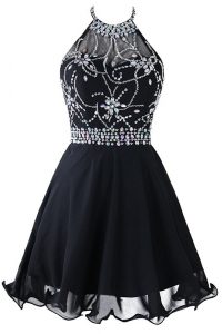 Scoop Black Organza Zipper Prom Party Dress Sleeveless Mini Length Beading and Belt