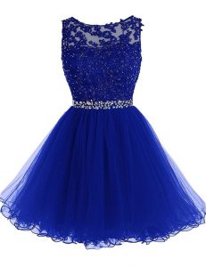 Scoop Royal Blue Zipper Dress for Prom Beading and Lace Sleeveless Knee Length