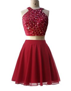 Simple Scoop Sleeveless Chiffon Knee Length Zipper Prom Party Dress in Wine Red with Beading