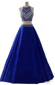 Fashionable Royal Blue A-line Scoop Sleeveless Chiffon Floor Length Zipper Beading Dress for Prom