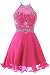 Charming Halter Top Hot Pink Organza Zipper Dress for Prom Sleeveless Mini Length Beading