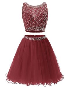 Burgundy Side Zipper Sweetheart Beading and Belt Dress for Prom Organza Sleeveless