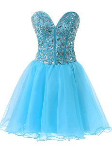 Sweet A-line Prom Party Dress Baby Blue Sweetheart Chiffon Sleeveless Knee Length Lace Up