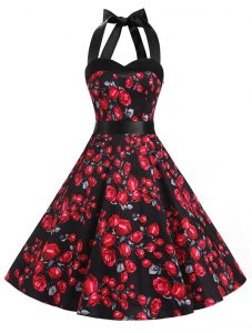 Red And Black Zipper Halter Top Sashes ribbons and Pattern Chiffon Sleeveless