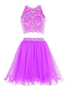 Purple Empire Chiffon Scoop Sleeveless Beading Mini Length Clasp Handle Prom Evening Gown