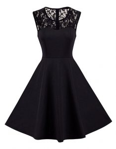 Black Satin Zipper Prom Dresses Sleeveless Knee Length Lace