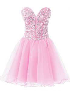 Comfortable Rose Pink Sweetheart Neckline Beading Prom Gown Sleeveless Lace Up