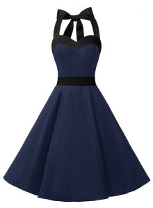Navy Blue A-line Chiffon Halter Top Sleeveless Sashes ribbons Knee Length Zipper Prom Dresses