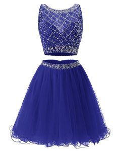 Chic Scoop Royal Blue Sleeveless Beading and Belt Mini Length Prom Dress