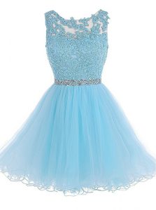 High Quality Scoop Baby Blue Sleeveless Chiffon Zipper Prom Party Dress for Prom and Party