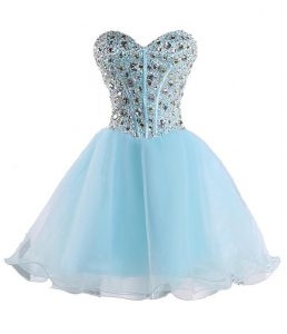 Sleeveless Organza Mini Length Lace Up Evening Dress in Baby Blue with Beading