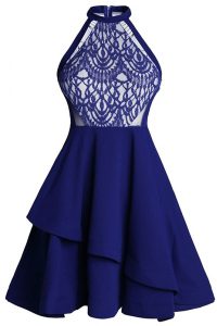 Discount Blue A-line High-neck Sleeveless Chiffon Knee Length Zipper Ruffled Layers Homecoming Dress