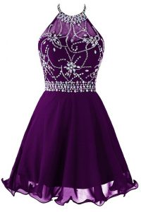 Designer Halter Top Sleeveless Zipper Prom Party Dress Purple Organza