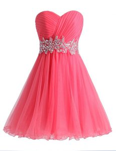 Hot Pink Sleeveless Chiffon and Tulle Lace Up Prom Gown for Prom and Party