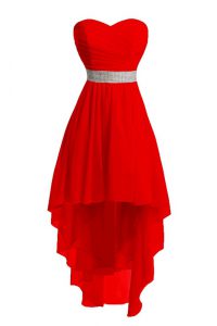 Belt Prom Gown Red Lace Up Sleeveless High Low