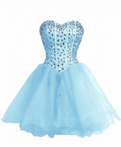 Baby Blue Ball Gowns Organza Sweetheart Sleeveless Beading Mini Length Lace Up Prom Dress