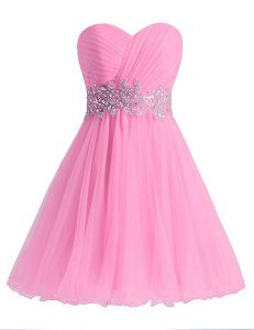 Pretty Sweetheart Sleeveless Evening Dress Knee Length Beading and Ruching Rose Pink Chiffon